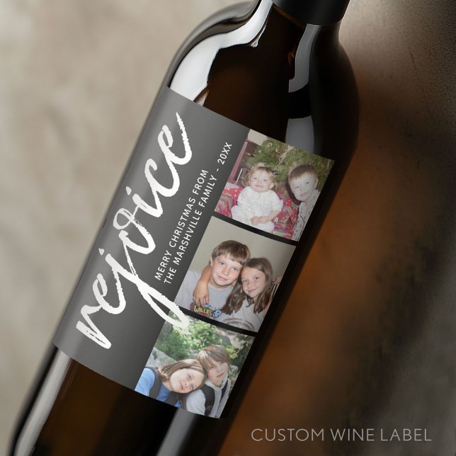 Fotokollage - Modern Helgdag Rejoice - Vinflaska Etikett (Custom Wine Bottle Label - Personalize a Sticker for a fun gift or memento)