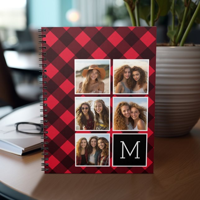 Fotokollage - Monogram Red Black Buffalo Play Anteckningsbok (Personalized notebook - add photos and your name or other text)
