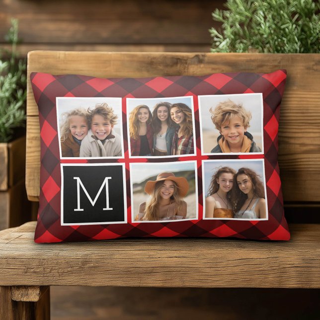 Fotokollage - Monogram Red Black Buffalo Play Prydnadskudde (Custom Photo Pillow)