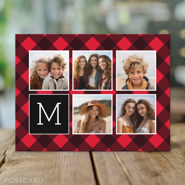 Fotokollage - Monogram Red Black Buffalo Play Vykort (Custom Personalized Photo Collage Postcard)