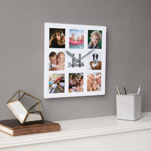 Fotokollage monogram, vit familj fyrkantig klocka