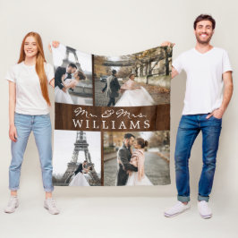 Fotokollage Mr & Mrs Newlyged Monogram Mörk Wood Fleecefilt