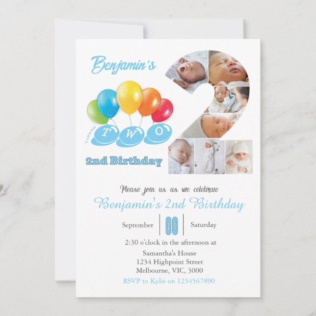 Fotokollage nummer 2 på födelsedagskalan 2 Boy Inbjudningar (Framsida)