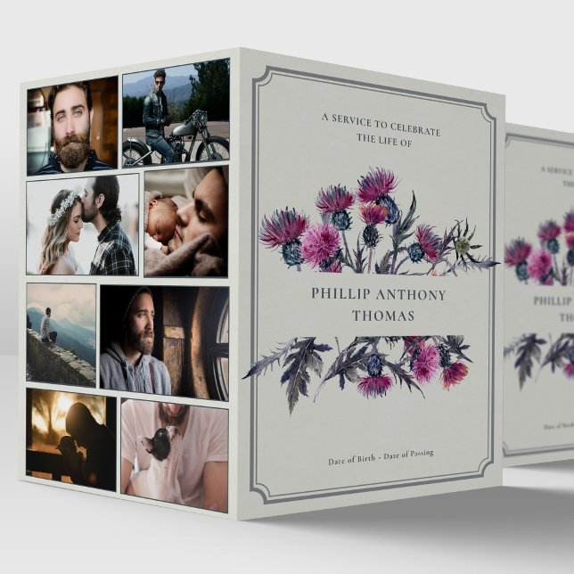 Fotokollage Obituary Scottish Thistle Funeral Program (Scottish Thistle Photo Montage Sympathy Order of Service Funeral Program)