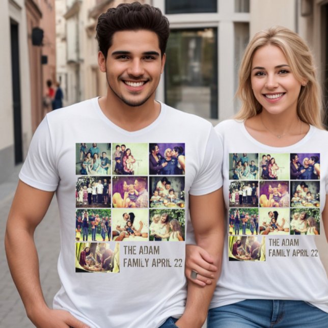 Fotokollage och text i anpassningsbarna t shirt (Photo collage tee with custom text. Family memories alive)