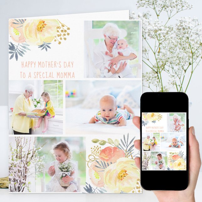 Fotokollage Peachgul Blommig Redigerbar Kort (Skapare uppladdad)