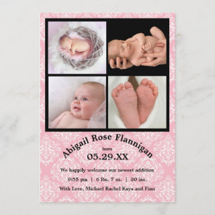 Fotokollage Rosa Damask-Birth-meddelande Meddelande