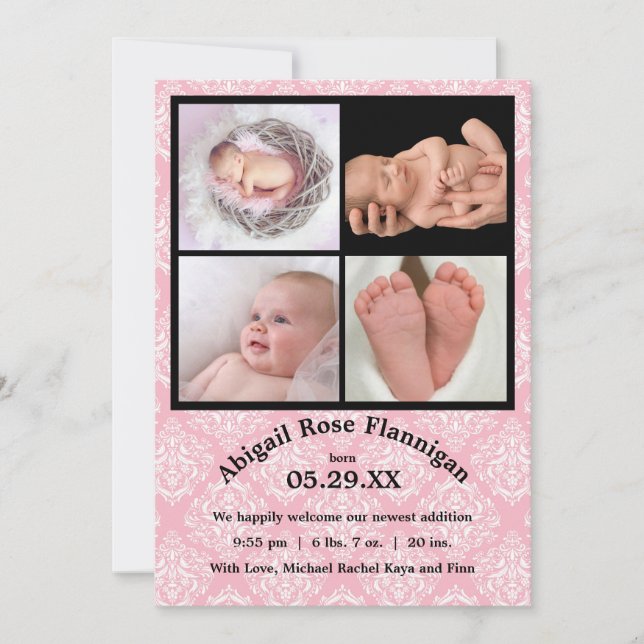Fotokollage Rosa Damask-Birth-meddelande Meddelande (Framsida)