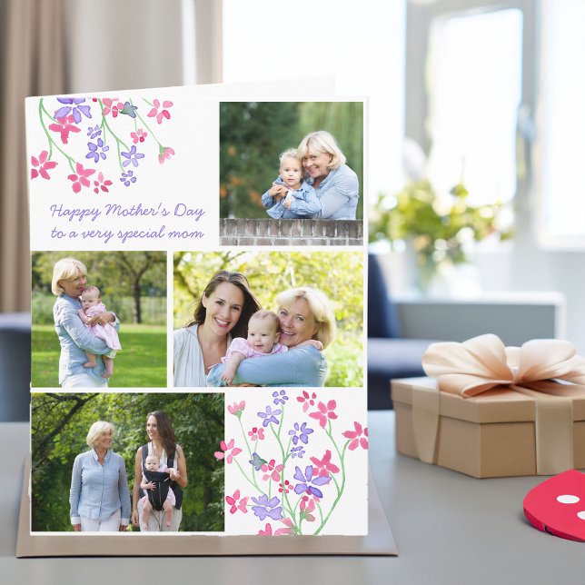 Fotokollage Rosa Ditsy Blommig Redigerbar Kort (Mothers day card with photo collage and dainty flowers)