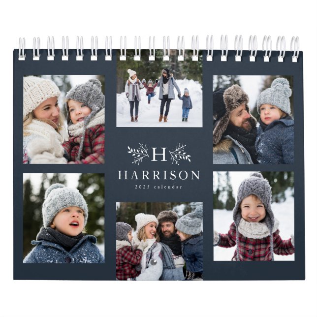 Fotokollage Rustit Navy Blue Mongram-familj Kalender (Omslag)