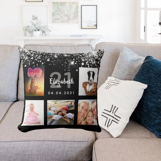 Fotokollage silver glitter i namn kudde (Skapare uppladdad)