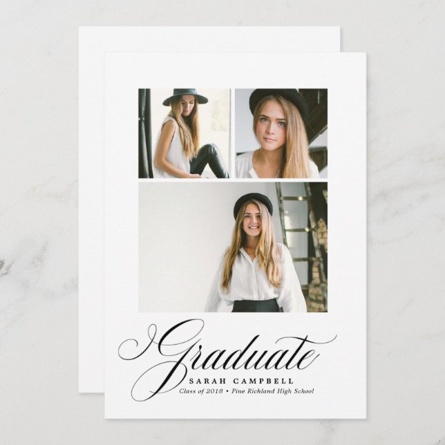 Fotokollage Studenten Card BLACK / 3 foton Inbjudningar (Fram/baksida)