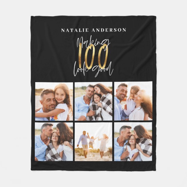 Fotokollage svart och guld 0th födelsedagsdag ull  fleecefilt (Framsidan)