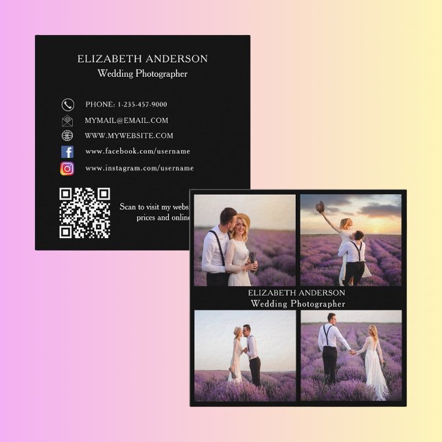 Fotokollage svartvit QR social-mediapremie Fyrkantigt Visitkort (Skapare uppladdad)