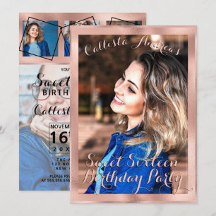 Fotokollage Sweet 16, Girly Ro Guld Gräns Inbjudningar