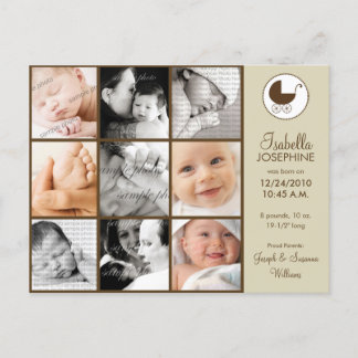 Fotokollage Taupe Baby Birth Notice Meddelande Vykort