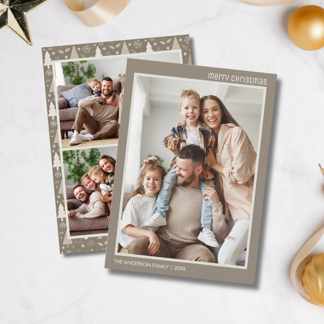 Fotokollage Taupe för julmodern 4-familjen Julkort (Christmas Modern 4 Family Photo Collage Taupe Holiday Card)