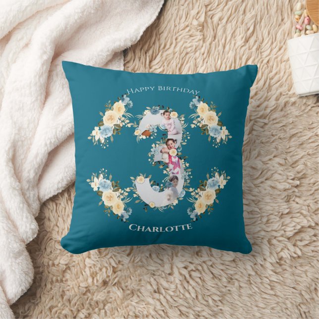 Fotokollage Teal Blue Gult Flower Kudde (Filt)