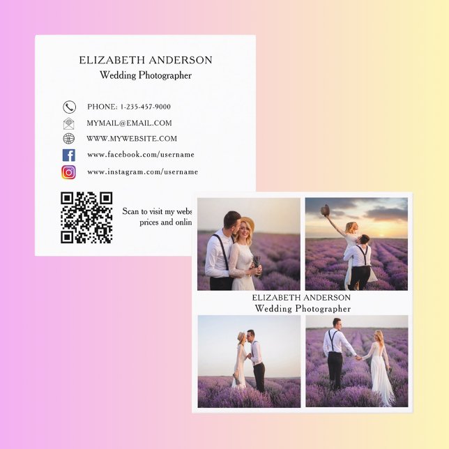 Fotokollage, vit svart QR-kod, social-media Fyrkantigt Visitkort (Skapare uppladdad)