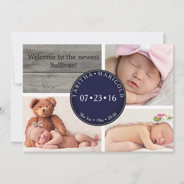 Fotokollage Wood Neutralt Birth Notice Inbjudningar (Framsida)