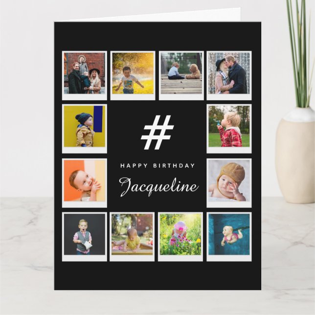 Fotokollamall för födelsedagar, alla åldrar, svart kort (Framsida)