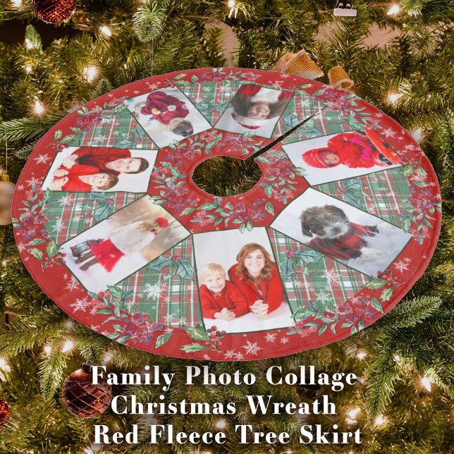 Fotokollaps - frisk krans Röd Julgransmatta Fleece (Family Photo Collage Christmas Wreath Red Fleece Tree Skirt)