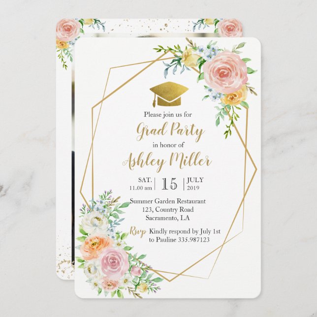 Fotokort för blommigt av studenten-vattenfärg inbjudningar (Fram/baksida)