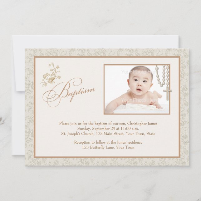Fotokort för Cream Blommigt Baptism Inbjudningar (Framsida)