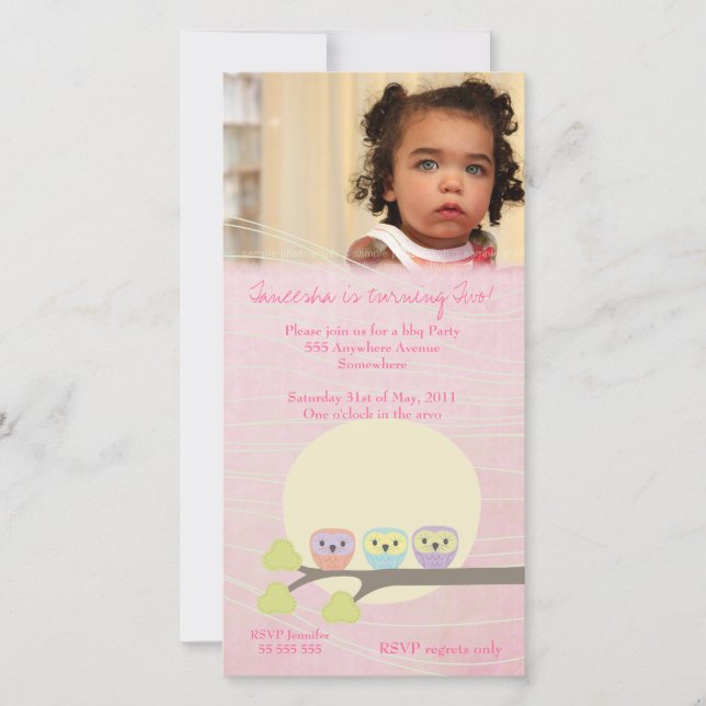 Fotokort för Cute Uggla Girls Rosa Födelsedagsfest (Framsida)