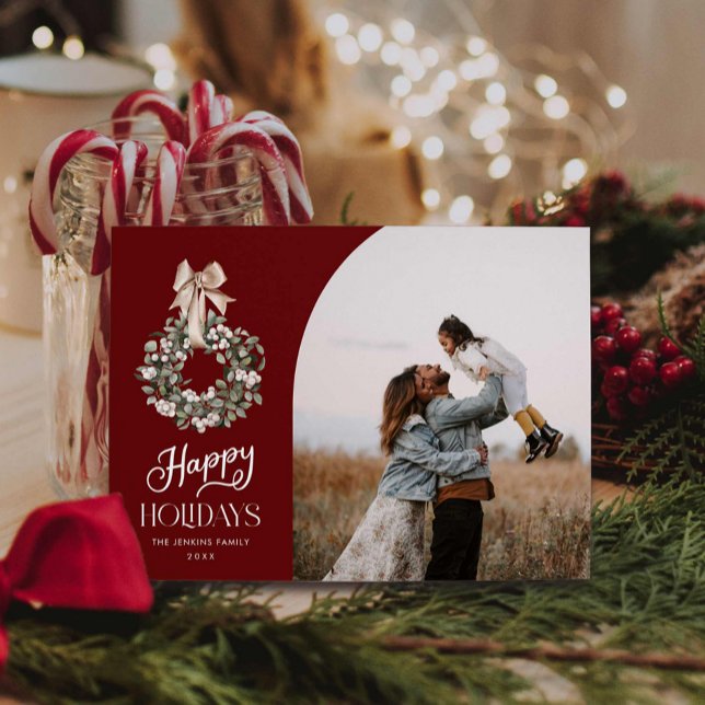 Fotokort för elegant Script Glad helg Julkort (Happy Holidays Burgundy One Photo Greeting Card)