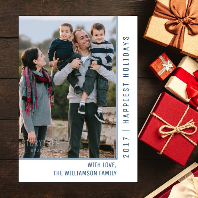 Fotokort för enkel Helgdag | Blå Julkort (Blue Simple Line Holiday Photo Card)