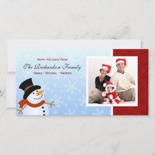 Fotokort för familjen Snögubbe Glad helg Julkort