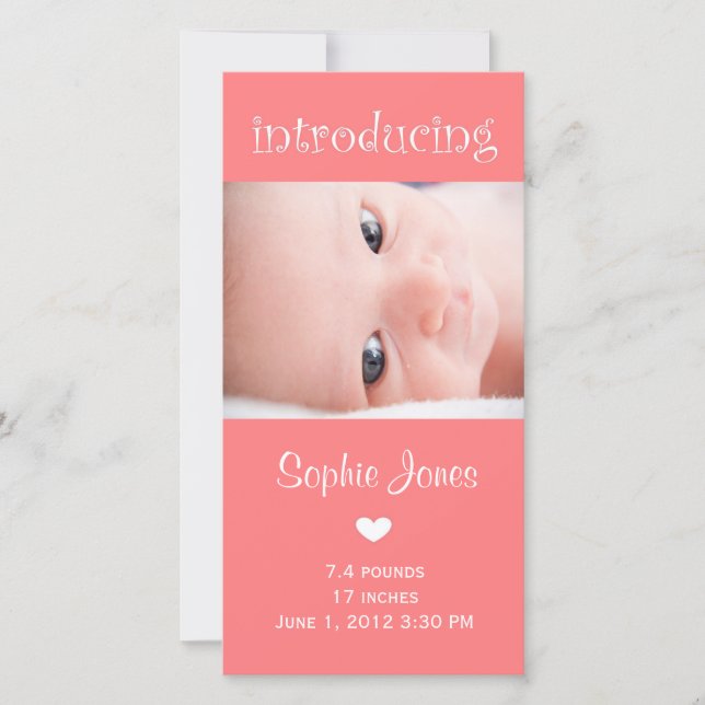 Fotokort för födelseannonsering vid rosa flicka meddelande (Framsida)