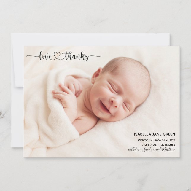 Fotokort för födelsemeddelande i kärlek och tack meddelande (Framsida)