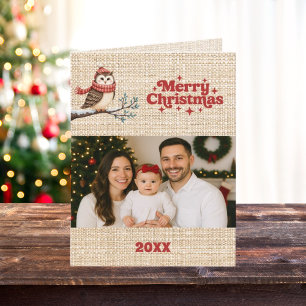 fotokort för god jul beige burlap retro uggla julkort