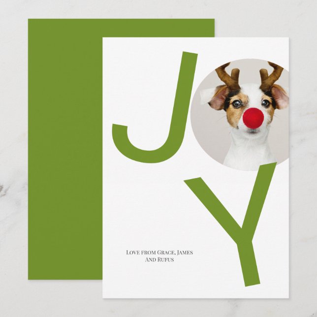 Fotokort för god jul Joy Grönt Inbjudningar (Fram/baksida)