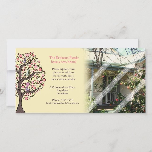 Fotokort för hemmeddelande om vi har flyttat meddelande (Framsida)