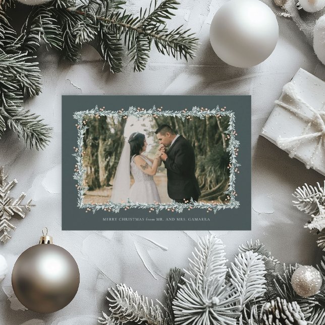 Fotokort för julmeddelande i Bröllop Julkort (Elegant watercolor border holiday photo card)