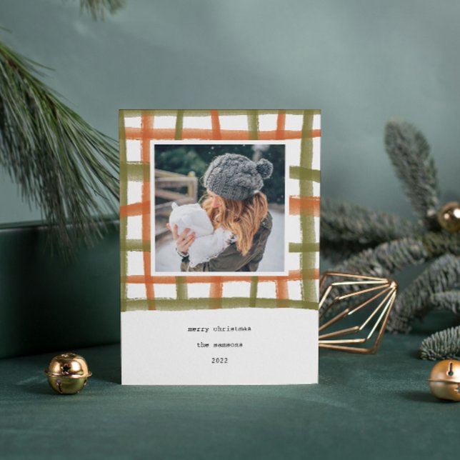 Fotokort för klassrummets Helgdag | A Julkort (Watercolor painted classroom plaid photo Christmas card.)