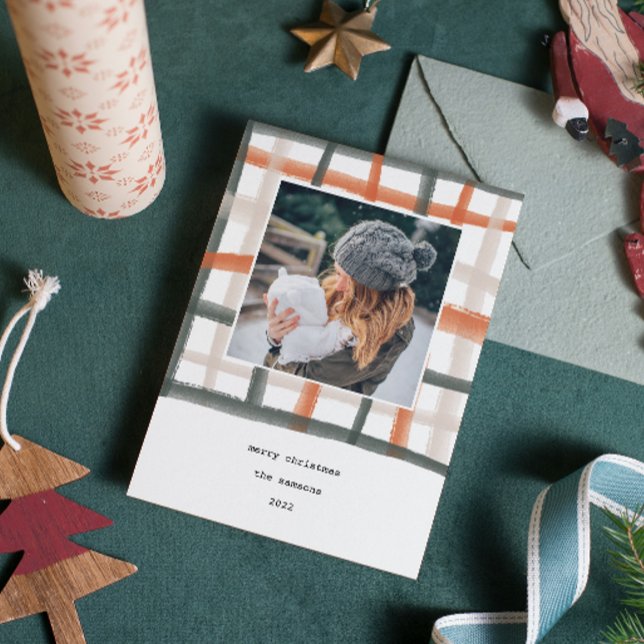 Fotokort för klassrummets Helgdag | B Julkort (Watercolor painted classroom plaid photo Christmas card.)