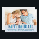 Fotokort för lycklig Hanukkah | Blå skuggor Julkort<br><div class="desc">Det moderna "Lycklig Hanukkah"-fotohälsningskortet har monokromatiska skuggor av blått,  anpassningsbar som du kan anpassa,  stort utrymme för visning av ett landskapsfoto och fet vågrät rand som accentuerar baksidan av kortet.</div>