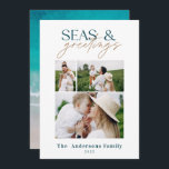 Fotokort för modern havsstrandfamilj julkort<br><div class="desc">snyggt-christmas-kortdesign med trendig blandning av fet stil och skript,  utrymme för ditt valda foto på framsidan med strand- och havsgrafik på baksidan</div>