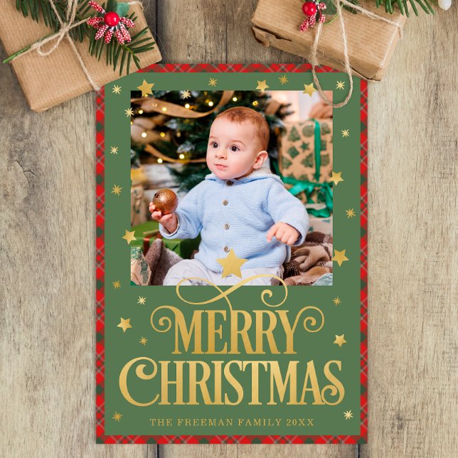 Fotokort för Red Grönt Guld God jul Julkort (Classic Merry Christmas Photo Greeting Card)