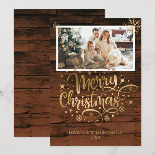 Fotokort för Rustic Wood Guld God jul
