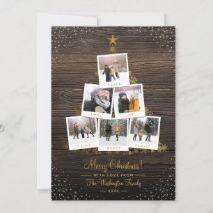 Fotokort för Rustic Wood & Guld Julgran 6 Inbjudningar