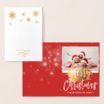 Fotokort för snäckfenor av God jul i gulfenad form Folierat Kort<br><div class="desc">Gold Foil-julklappen med skript softopakkort. Bilden och texten på det här julkortet kan uppdateras och anpassas med ditt foto och namn. Det här kortet visningar ditt namn på insidan av guldjulkortet.</div>