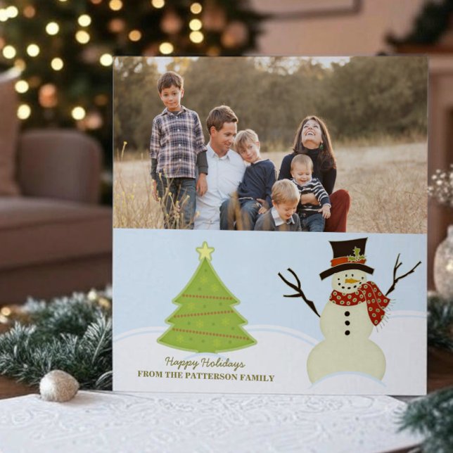 Fotokort för snögubbe och Träd Helgdag Julkort (Snowman and Christmas Tree Holiday Photo Card)