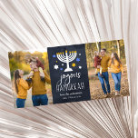 Fotokort för Starry Ljus Hanukkah<br><div class="desc">Fotokortet Hanukkah har två favoritfoton. "Joyous Hanukkah" visas i mitten med vita bokstäver på en marin blå bakgrund accentuerad med en tänd menorah och vita,  blå och guld stjärnor. Anpassa med din namn under vitt.</div>