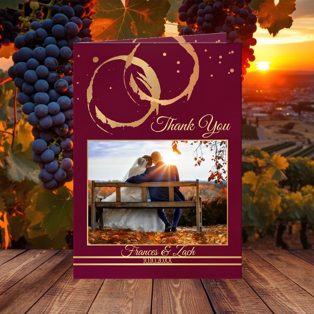 Fotokort för Tackkort i Guld Vin Bröllop (Wedding Thank You note card featuring your own wedding picture framed by a wine themed design)