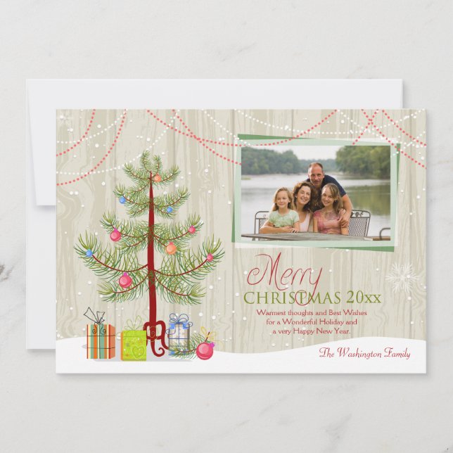 Fotokort för träplank i god jul träd helgdag julkort (Framsida)